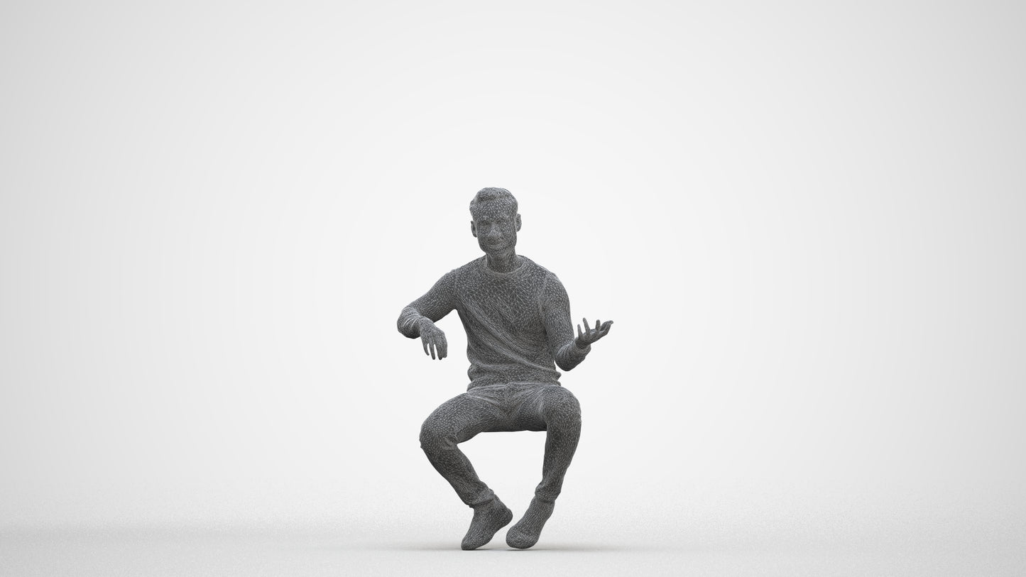 3D people model man casual sitting, scanned human for 3ds Max rendering, three-quarter front view render
