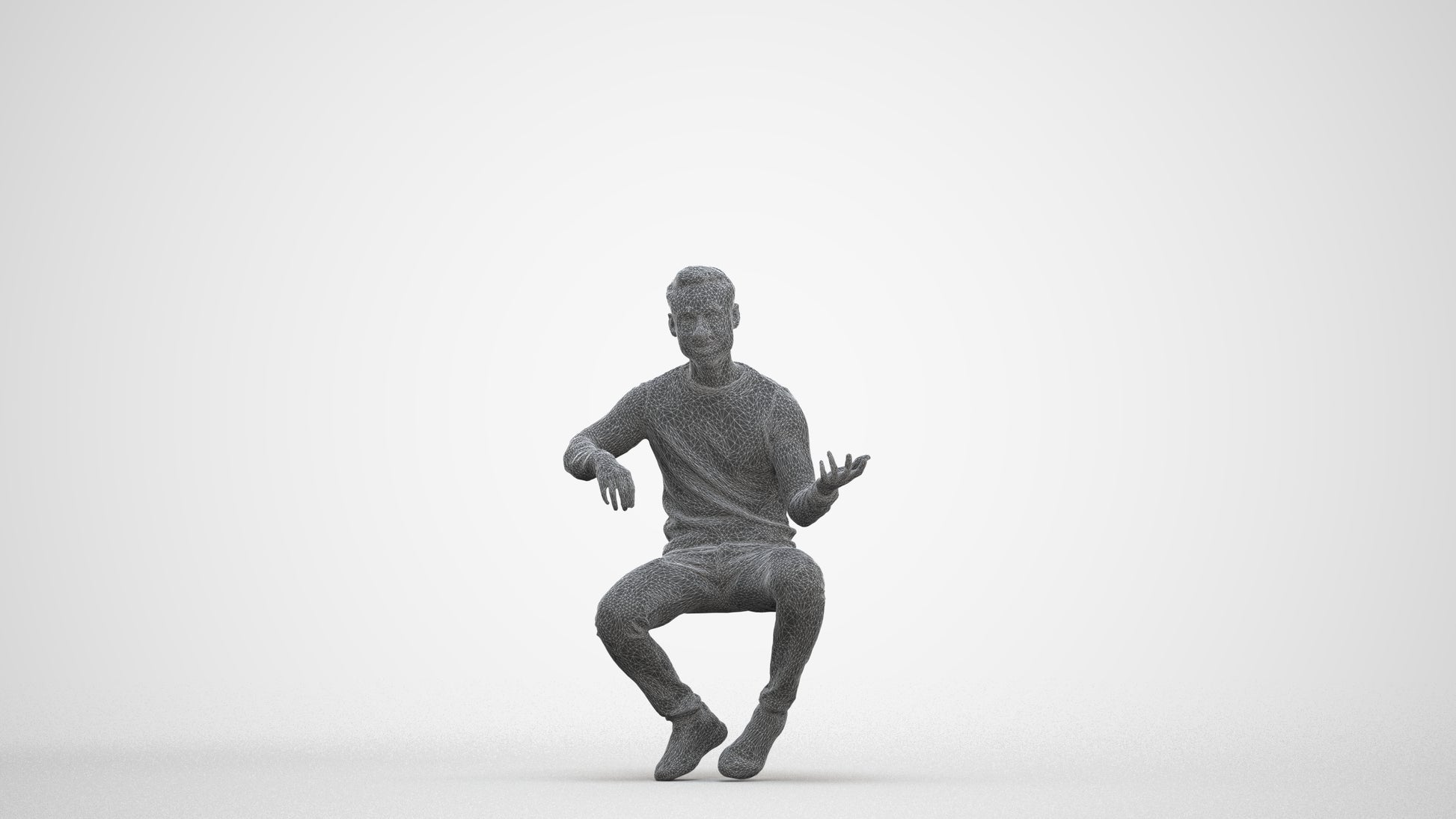 3D people model man casual sitting, scanned human for 3ds Max rendering, three-quarter front view render