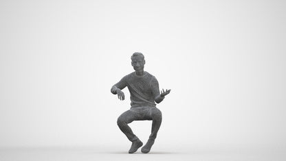 3D people model man casual sitting, scanned human for 3ds Max rendering, three-quarter front view render