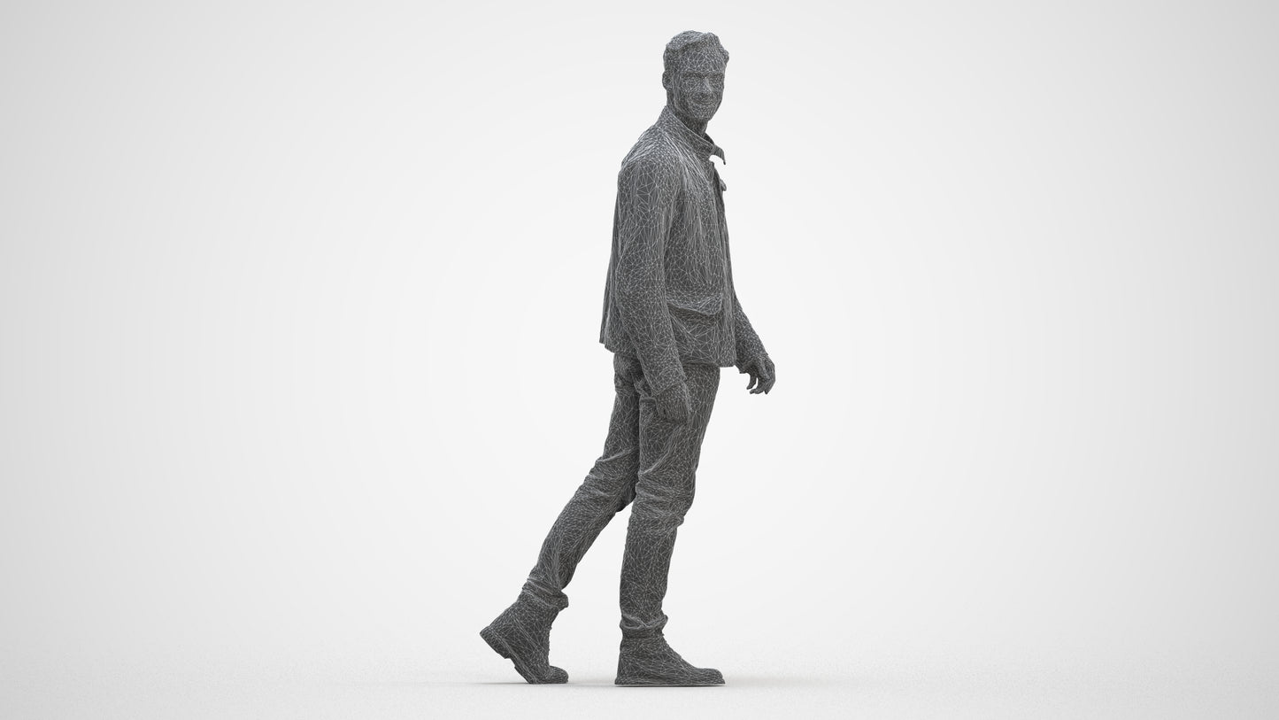 realistic 3D human man casual walking, archviz people FBX OBJ for Blender, three-quarter front view render