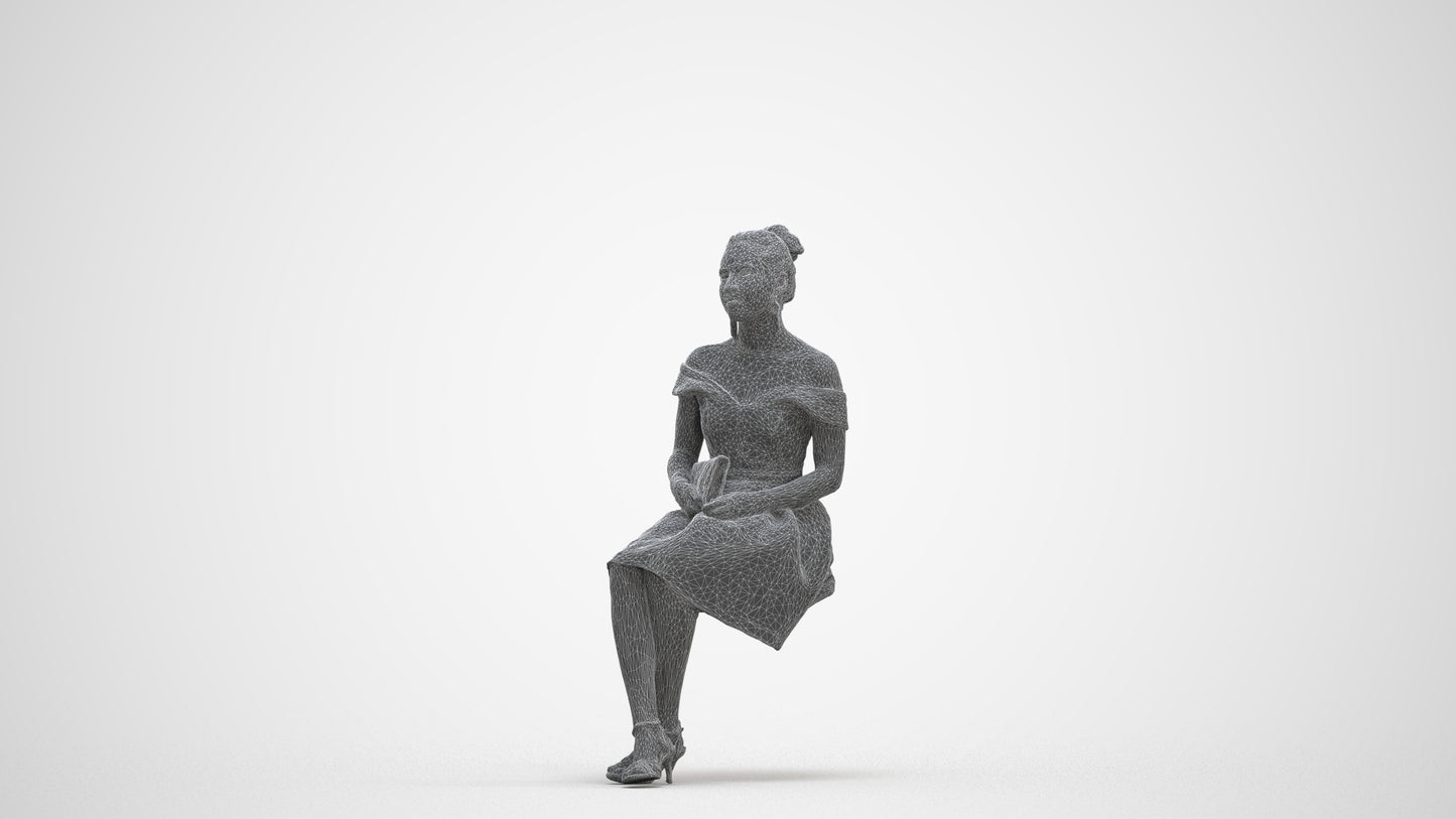 3D human model woman formal, photogrammetry scanned person for archviz, three-quarter front view render