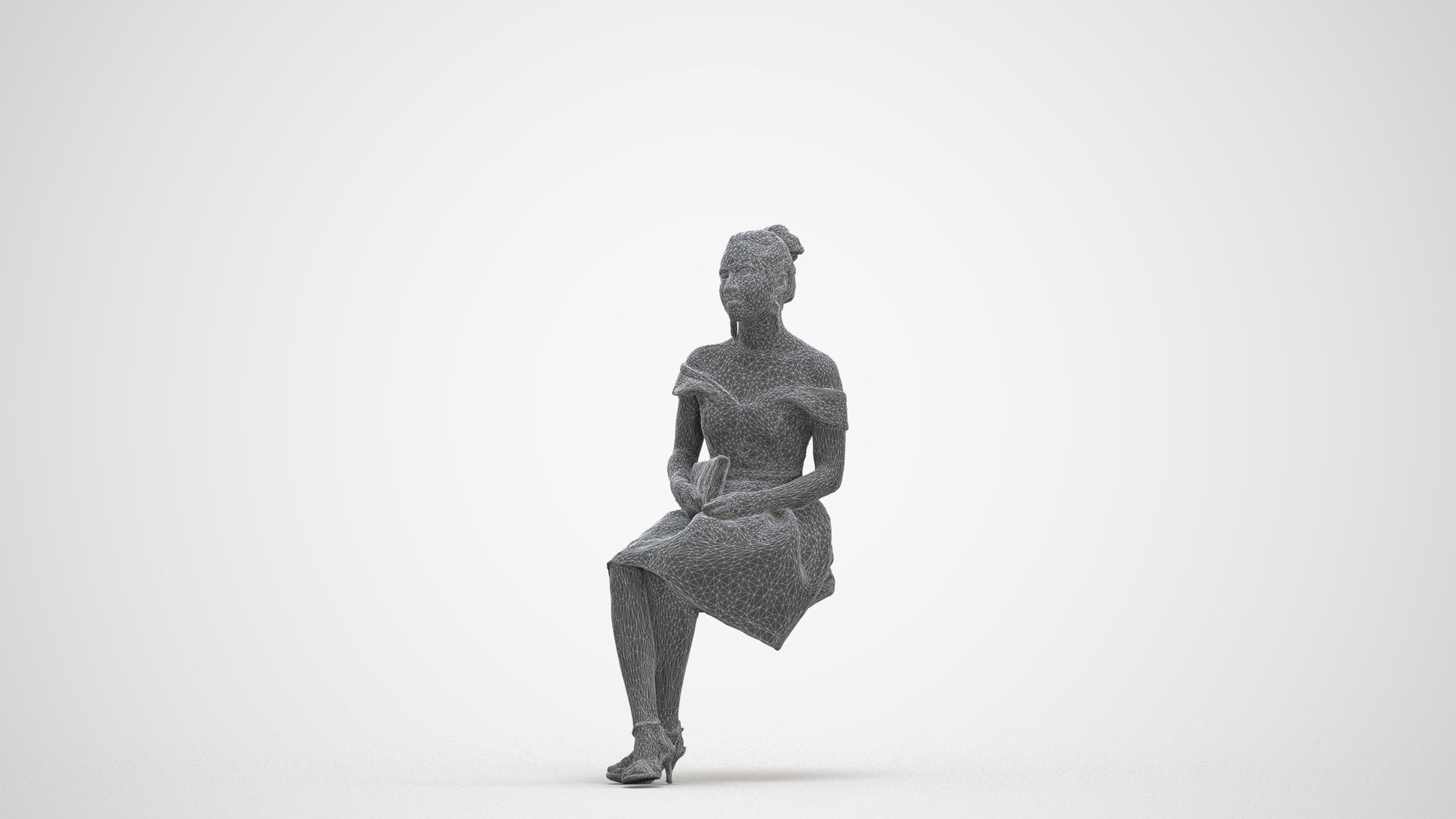 3D human model woman formal, photogrammetry scanned person for archviz, three-quarter front view render