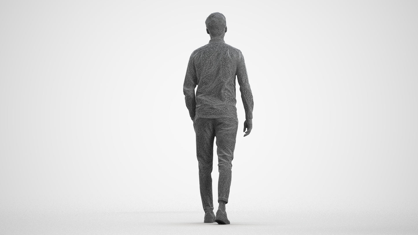 realistic 3D human man casual walking, archviz people FBX OBJ for Blender, wireframe front view