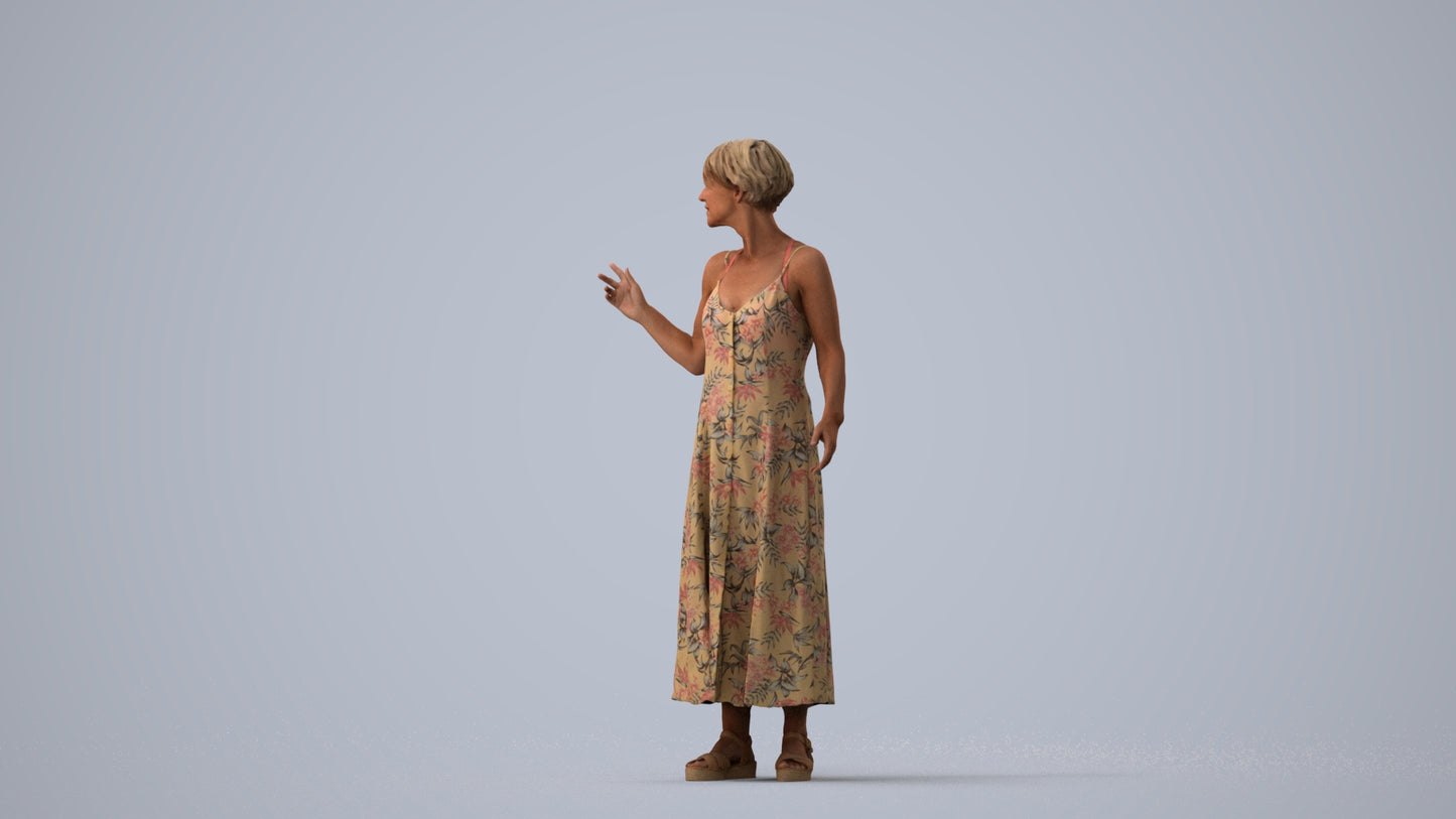realistic 3D senior woman standing, scanned archviz people for Blender and 3ds Max, three-quarter view render