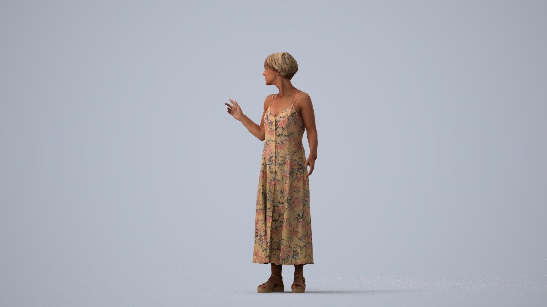 realistic 3D senior woman standing, scanned archviz people for Blender and 3ds Max, three-quarter view render