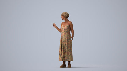 realistic 3D senior woman standing, scanned archviz people for Blender and 3ds Max, three-quarter view render