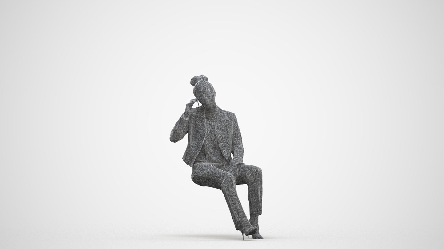 3D human model woman business sitting, photogrammetry scanned person for archviz, three-quarter front view render