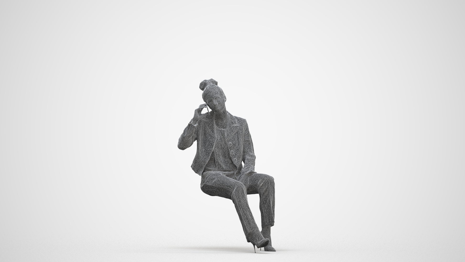 3D human model woman business sitting, photogrammetry scanned person for archviz, three-quarter front view render