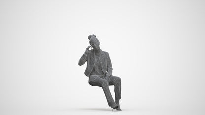 3D human model woman business sitting, photogrammetry scanned person for archviz, three-quarter front view render