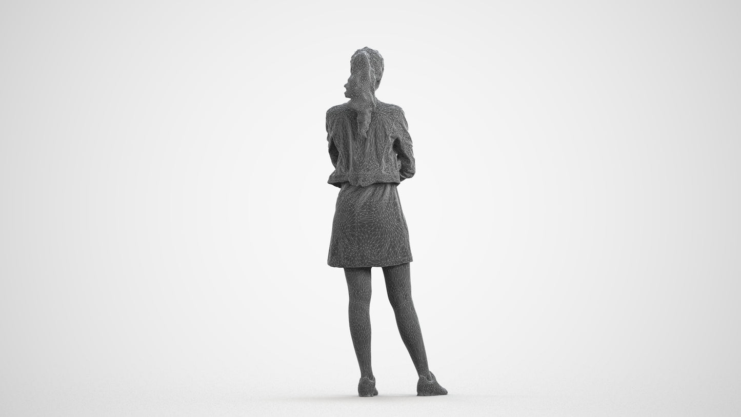 realistic 3D woman casual standing, scanned archviz people for Blender and 3ds Max, wireframe front view
