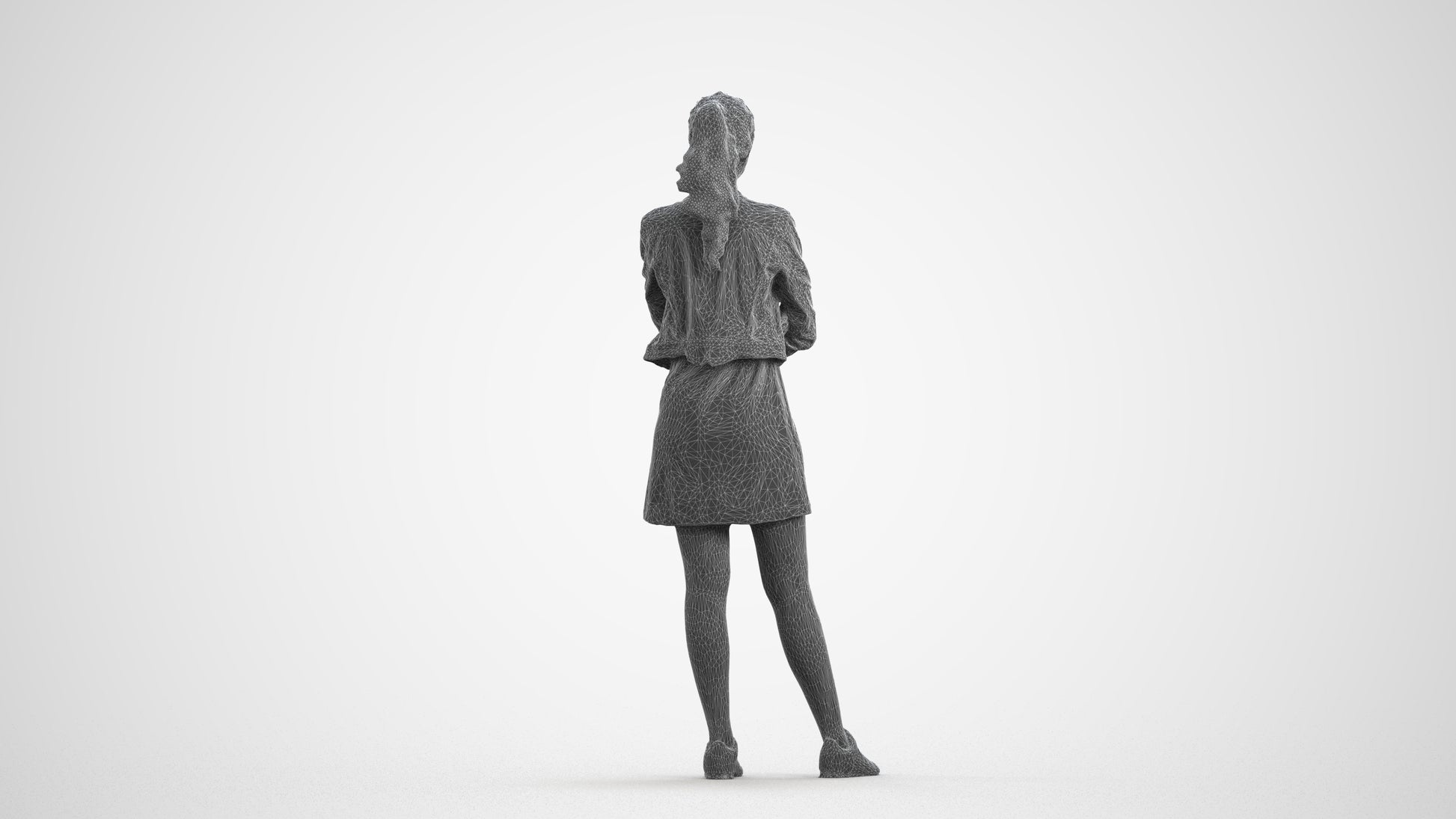 realistic 3D woman casual standing, scanned archviz people for Blender and 3ds Max, wireframe front view