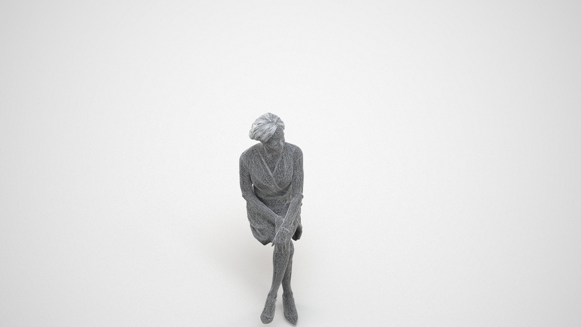 3D people model woman casual sitting, scanned human for 3ds Max rendering, wireframe three-quarter view