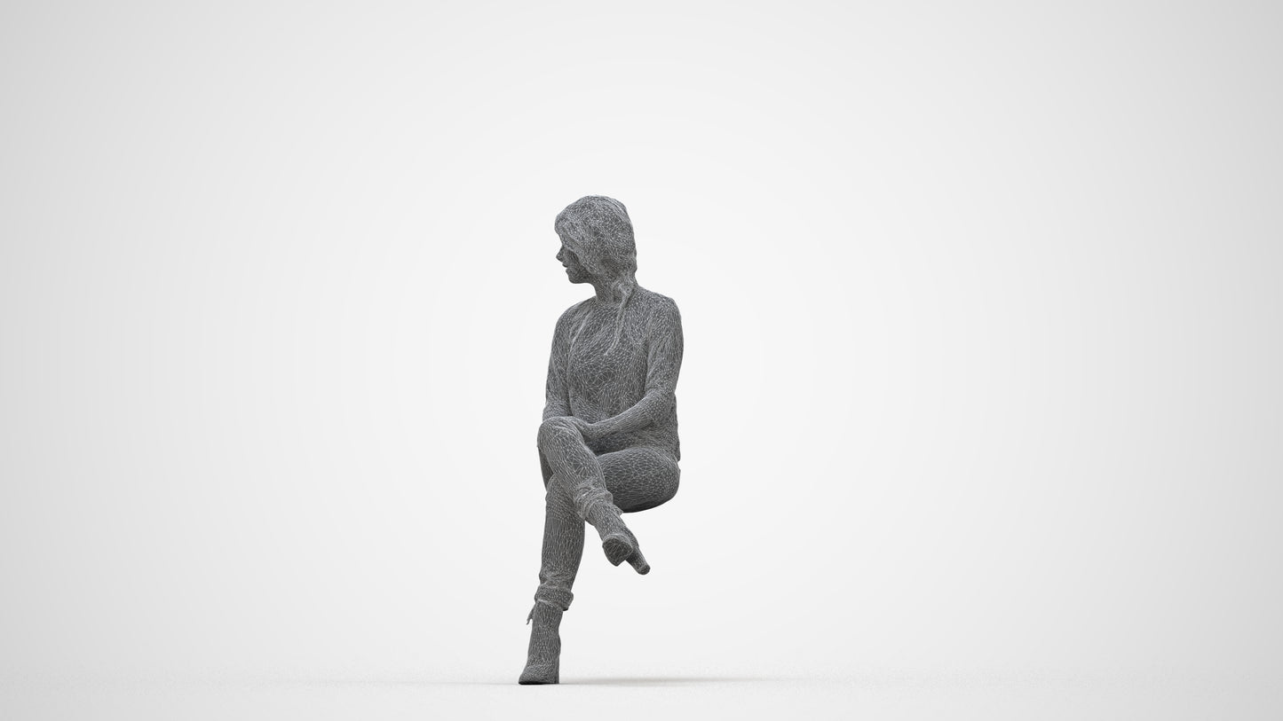 photogrammetry 3D girl business sitting, realistic human model archviz FBX, wireframe back view