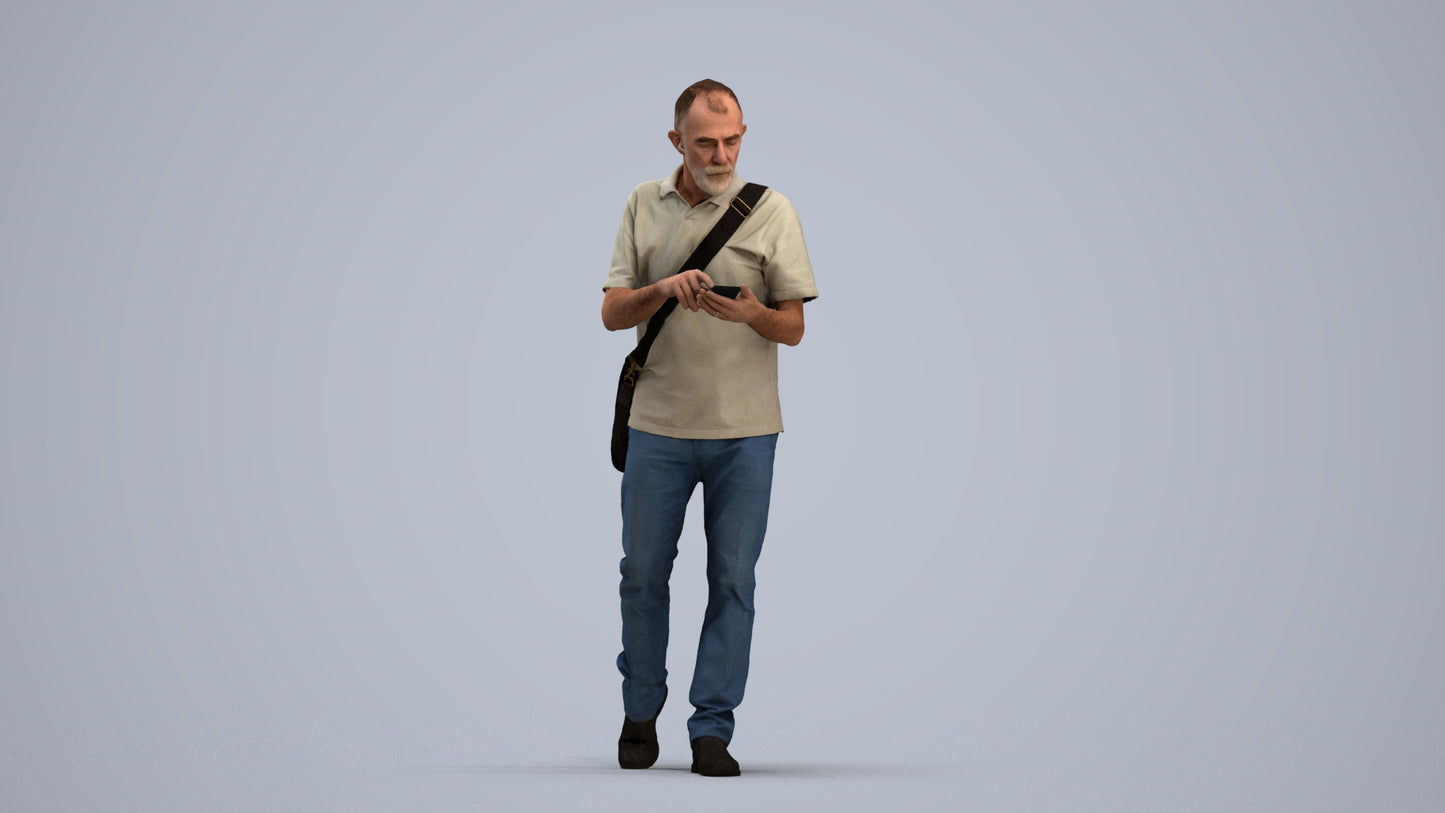 realistic 3D human senior man casual walking, archviz people FBX OBJ for Blender, standing pose render