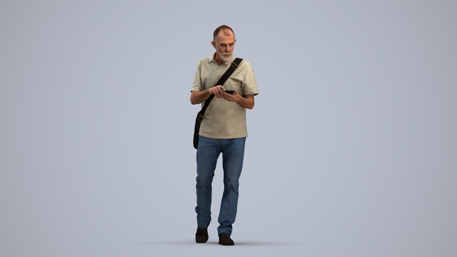 realistic 3D human senior man casual walking, archviz people FBX OBJ for Blender, standing pose render