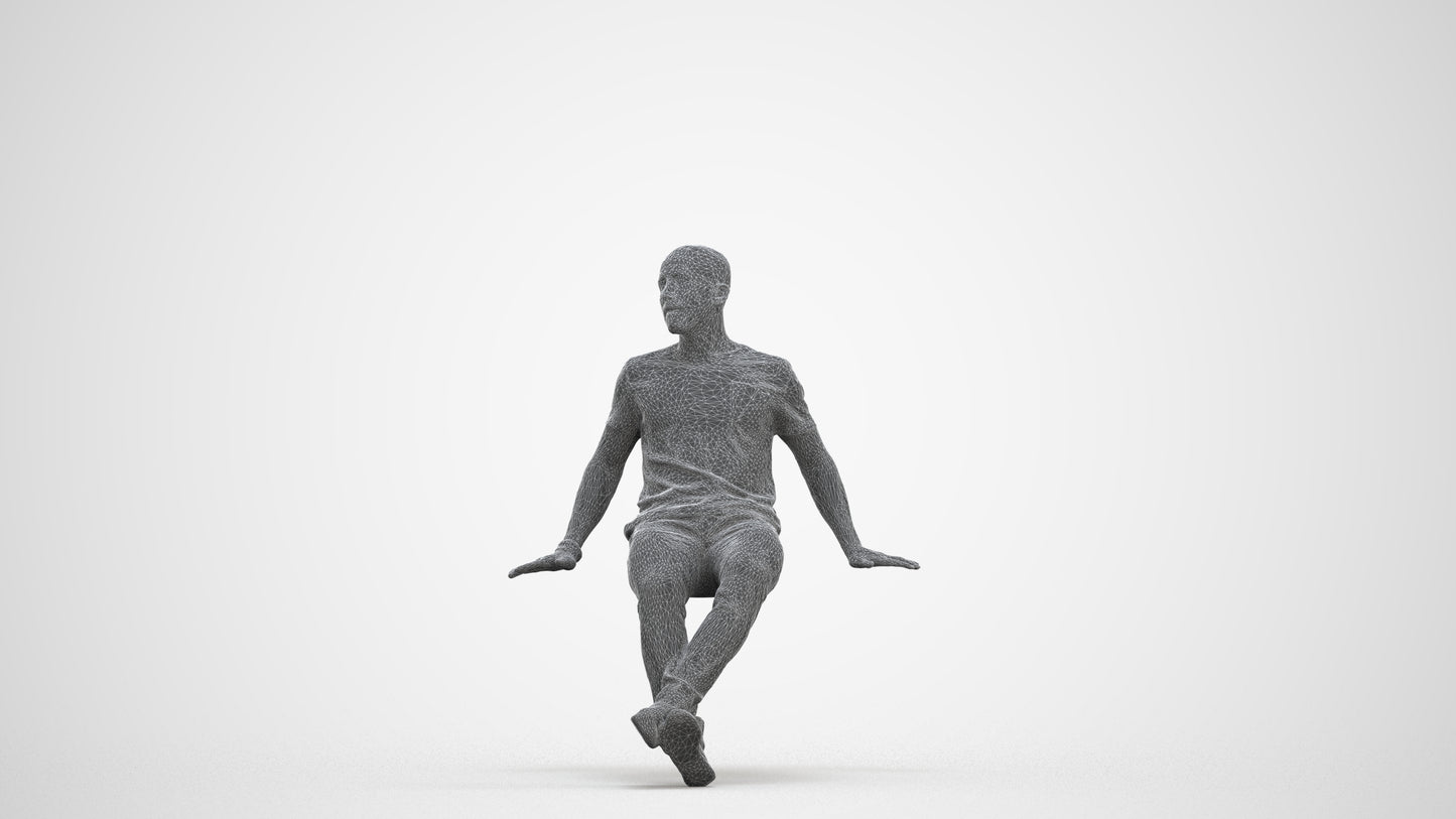 photogrammetry 3D man casual sitting, realistic human model archviz FBX, three-quarter front view render