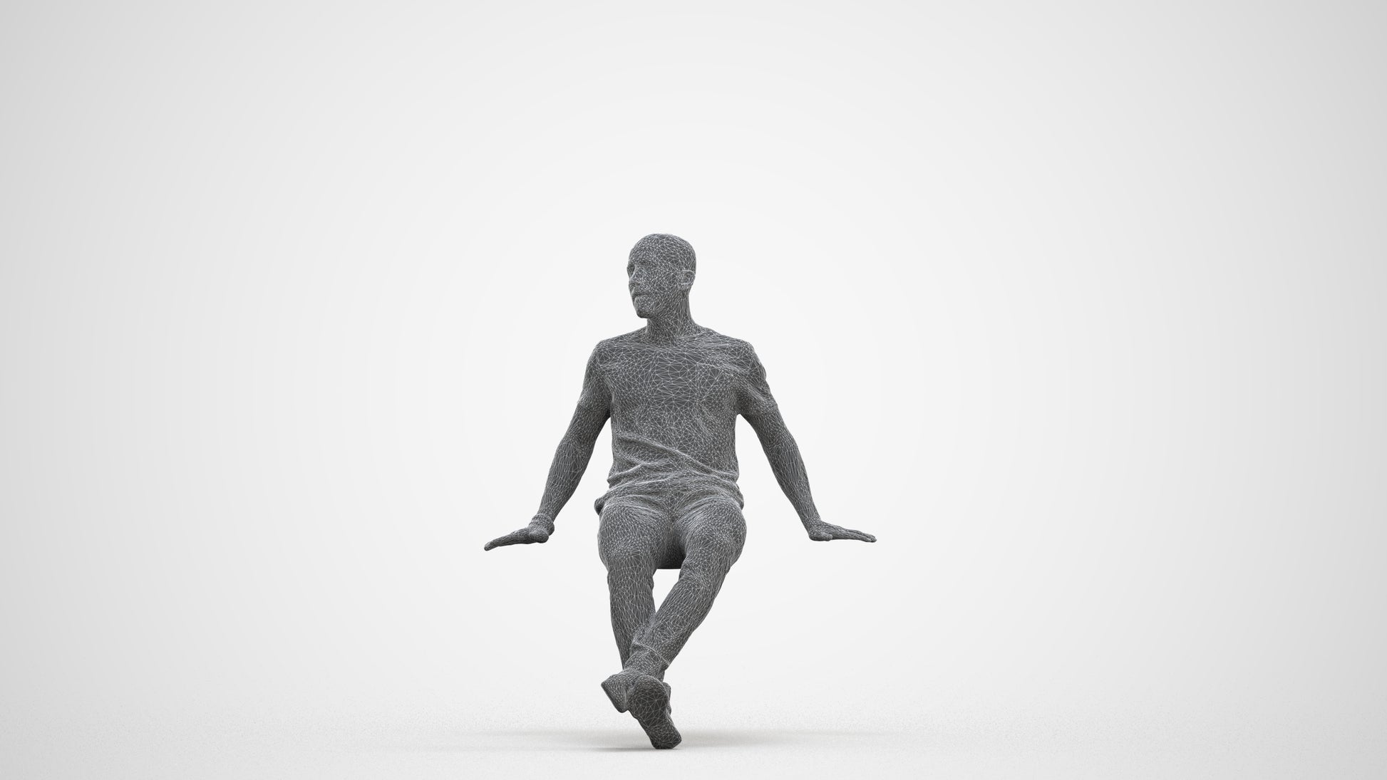 photogrammetry 3D man casual sitting, realistic human model archviz FBX, three-quarter front view render