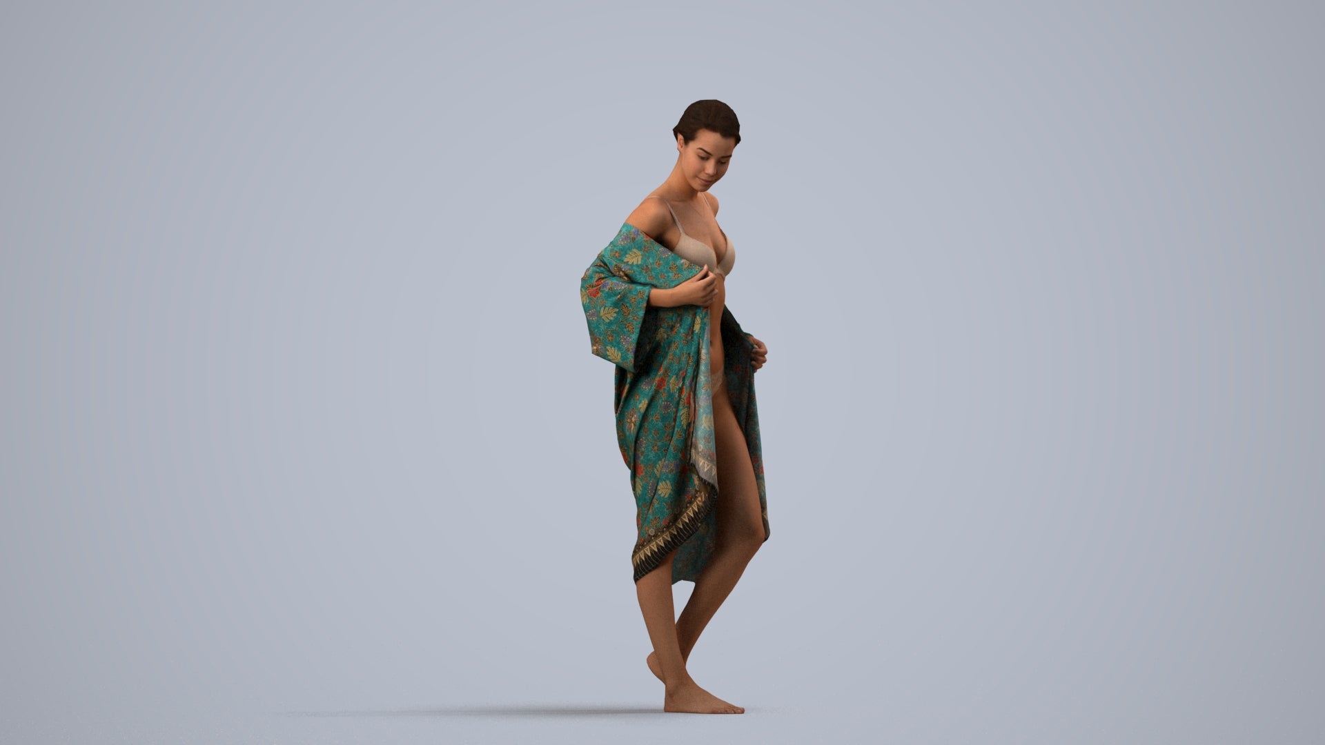 photogrammetry 3D woman bathroom, realistic human model archviz FBX, side view render