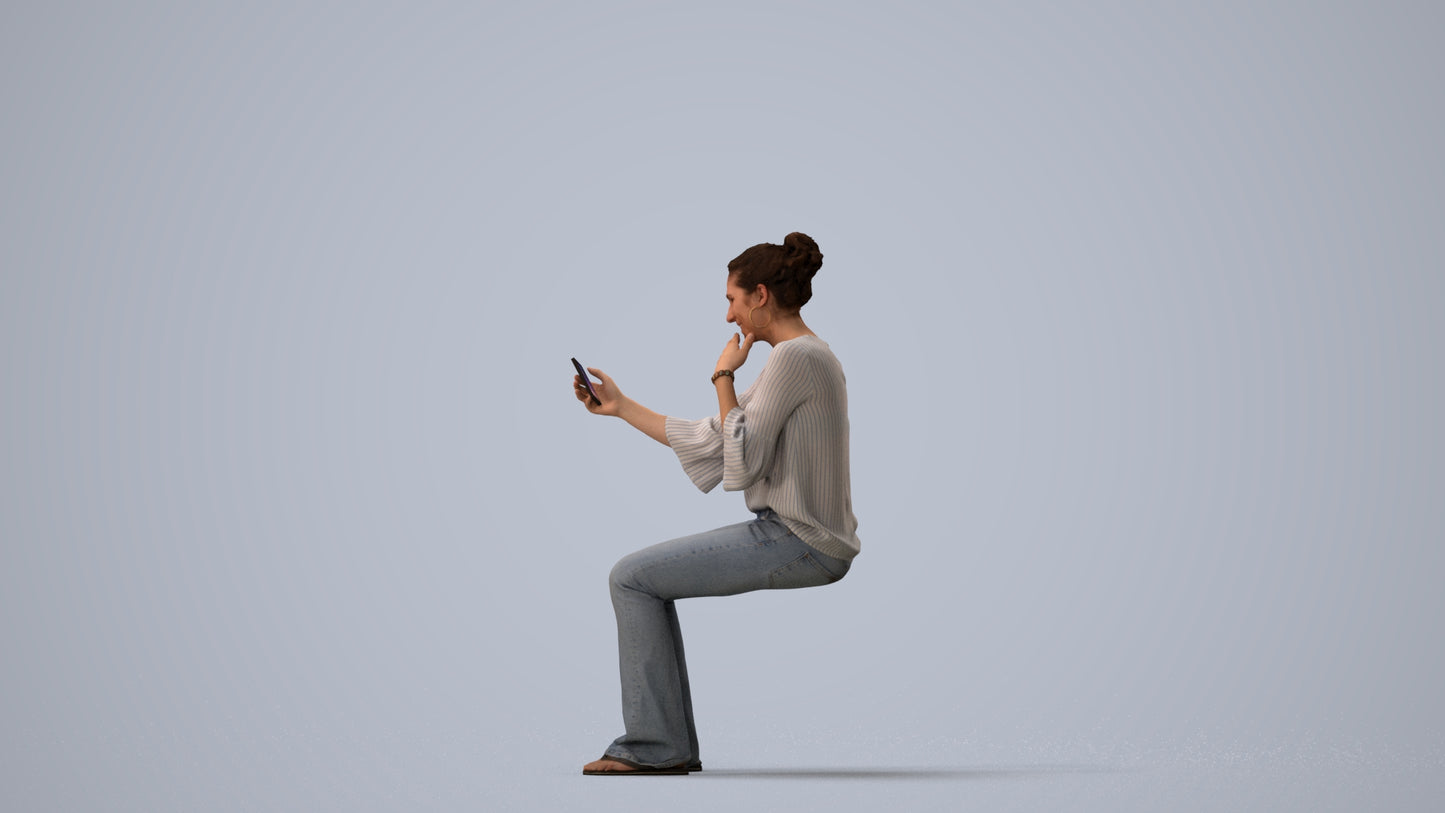 realistic 3D woman casual sitting, scanned archviz people for Blender and 3ds Max, three-quarter view render