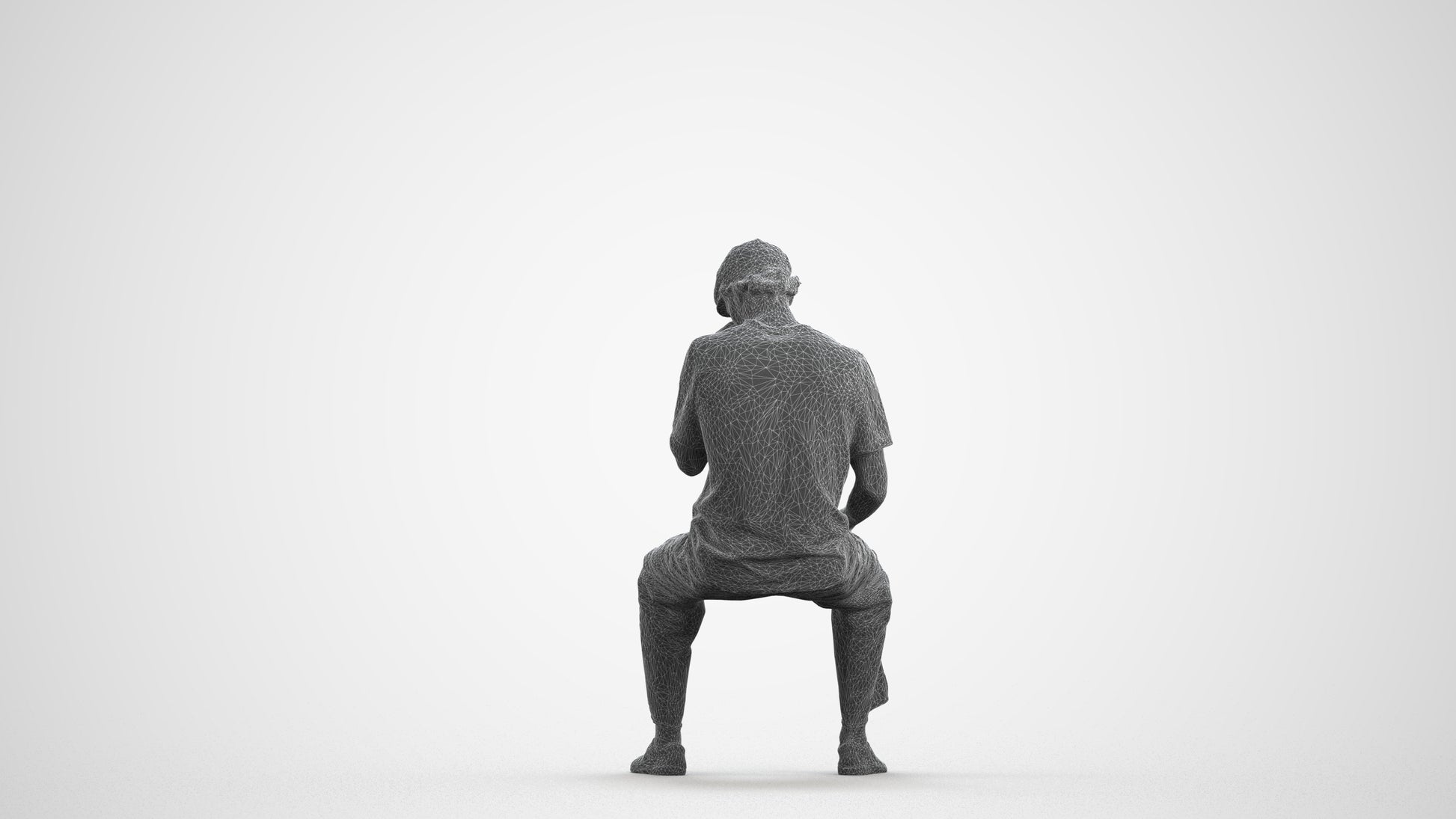 3D people model man casual sitting, scanned human for 3ds Max rendering, wireframe front view