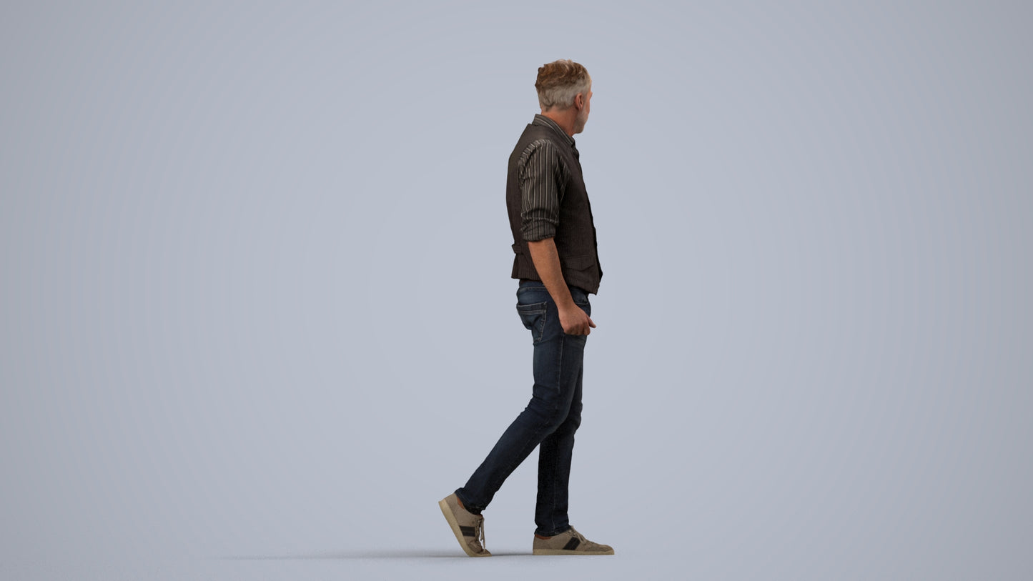 realistic 3D human man casual walking, archviz people FBX OBJ for Blender, side view render