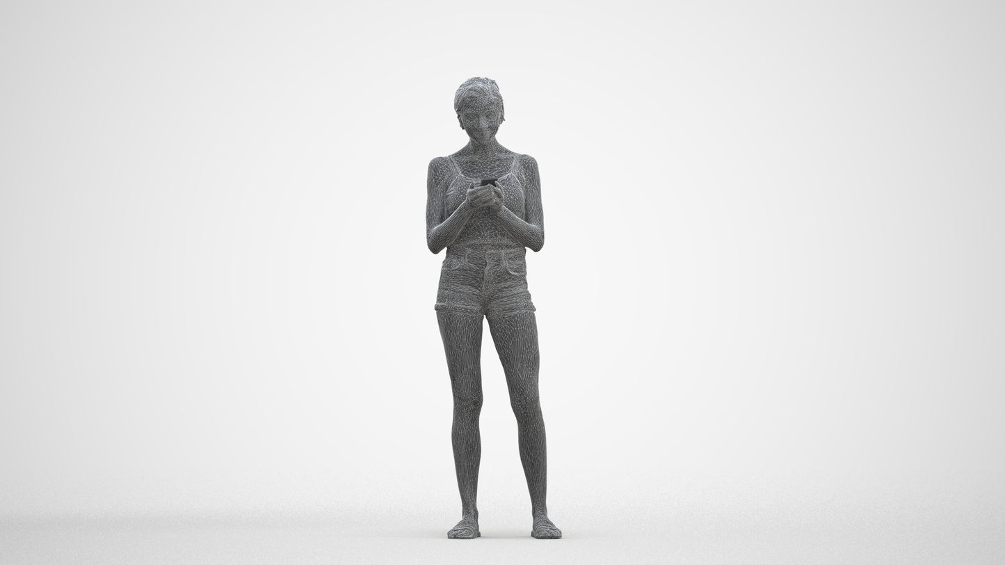 3D human model woman casual standing, photogrammetry scanned person for archviz, three-quarter front view render