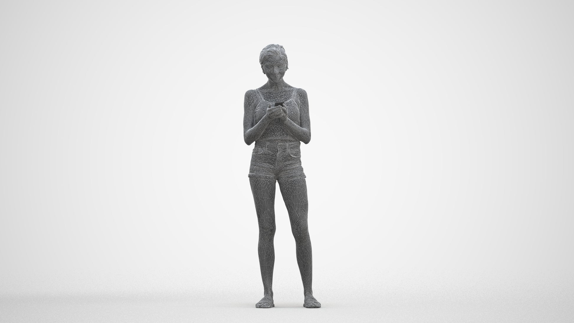 3D human model woman casual standing, photogrammetry scanned person for archviz, three-quarter front view render