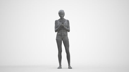 3D human model woman casual standing, photogrammetry scanned person for archviz, three-quarter front view render