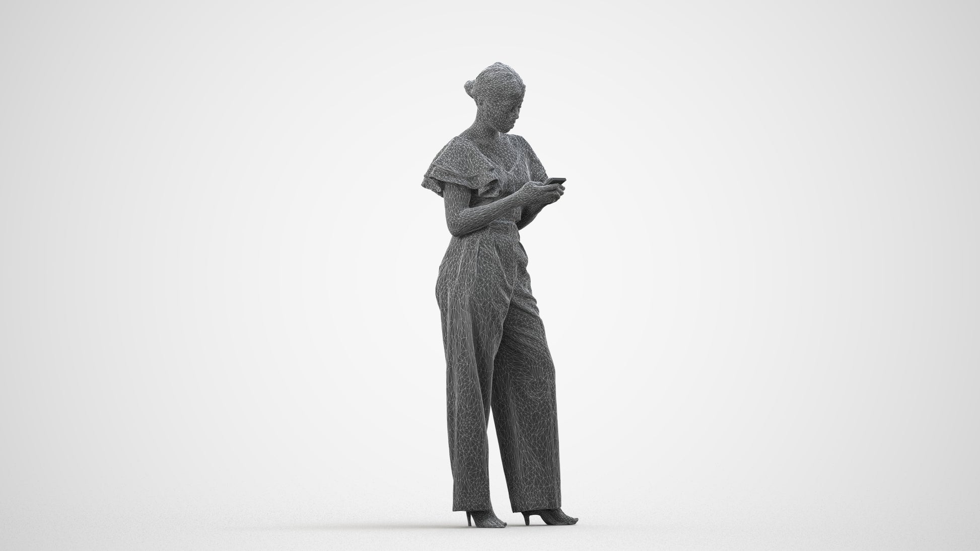 realistic 3D human woman business standing, archviz people FBX OBJ for Blender, wireframe side view