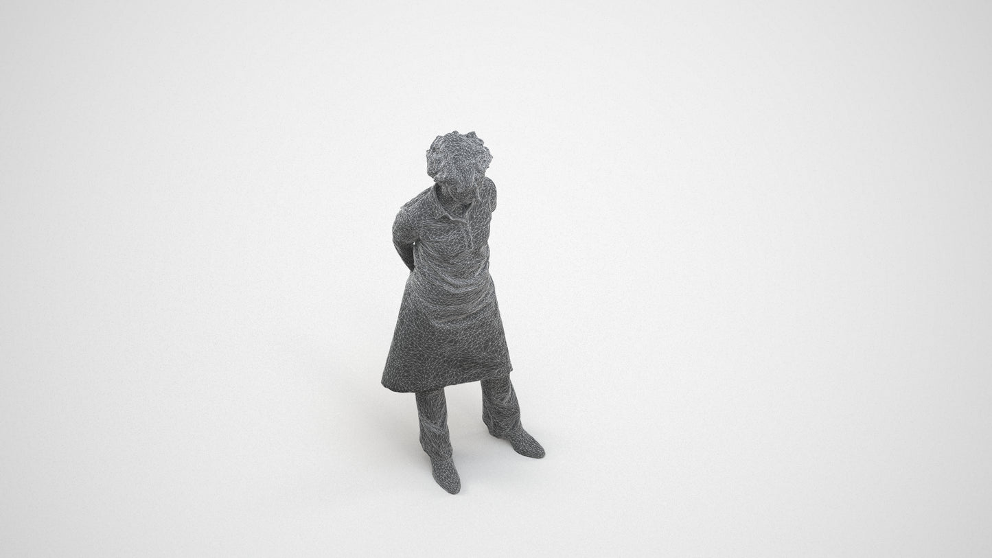 3D scanned woman standing, photorealistic archviz people for Enscape and SketchUp, wireframe three-quarter view