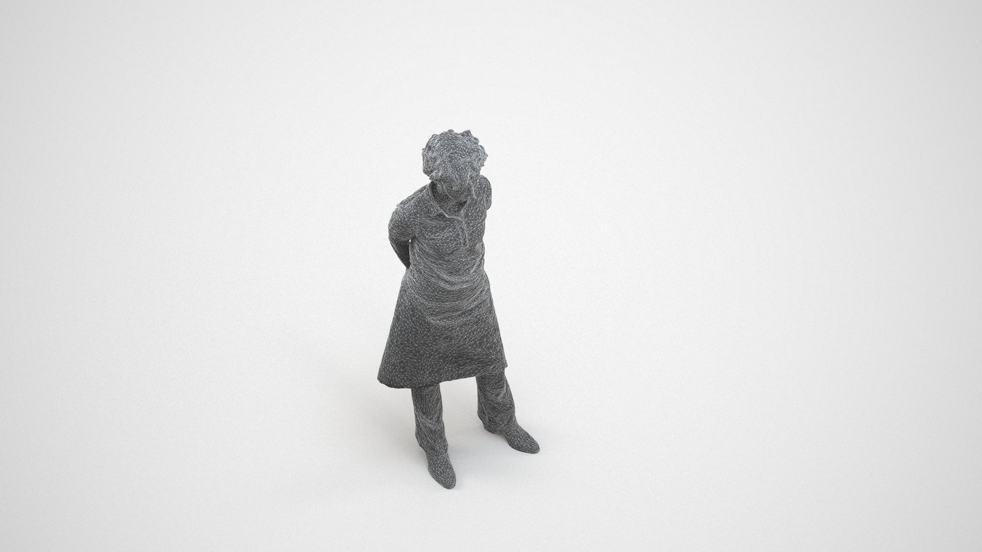 3D scanned woman standing, photorealistic archviz people for Enscape and SketchUp, wireframe three-quarter view