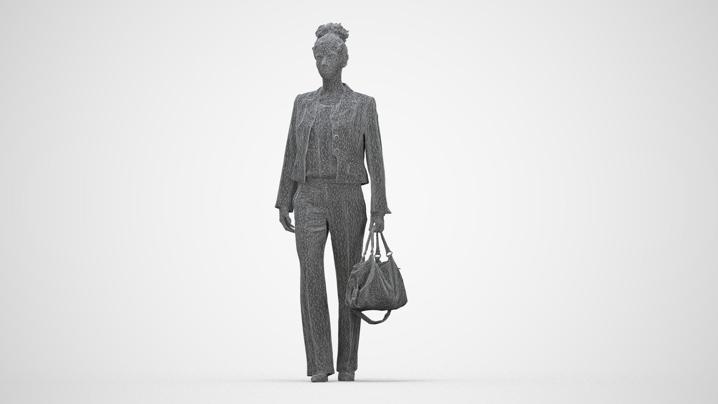 realistic 3D woman business walking, scanned archviz people for Blender and 3ds Max, wireframe back view