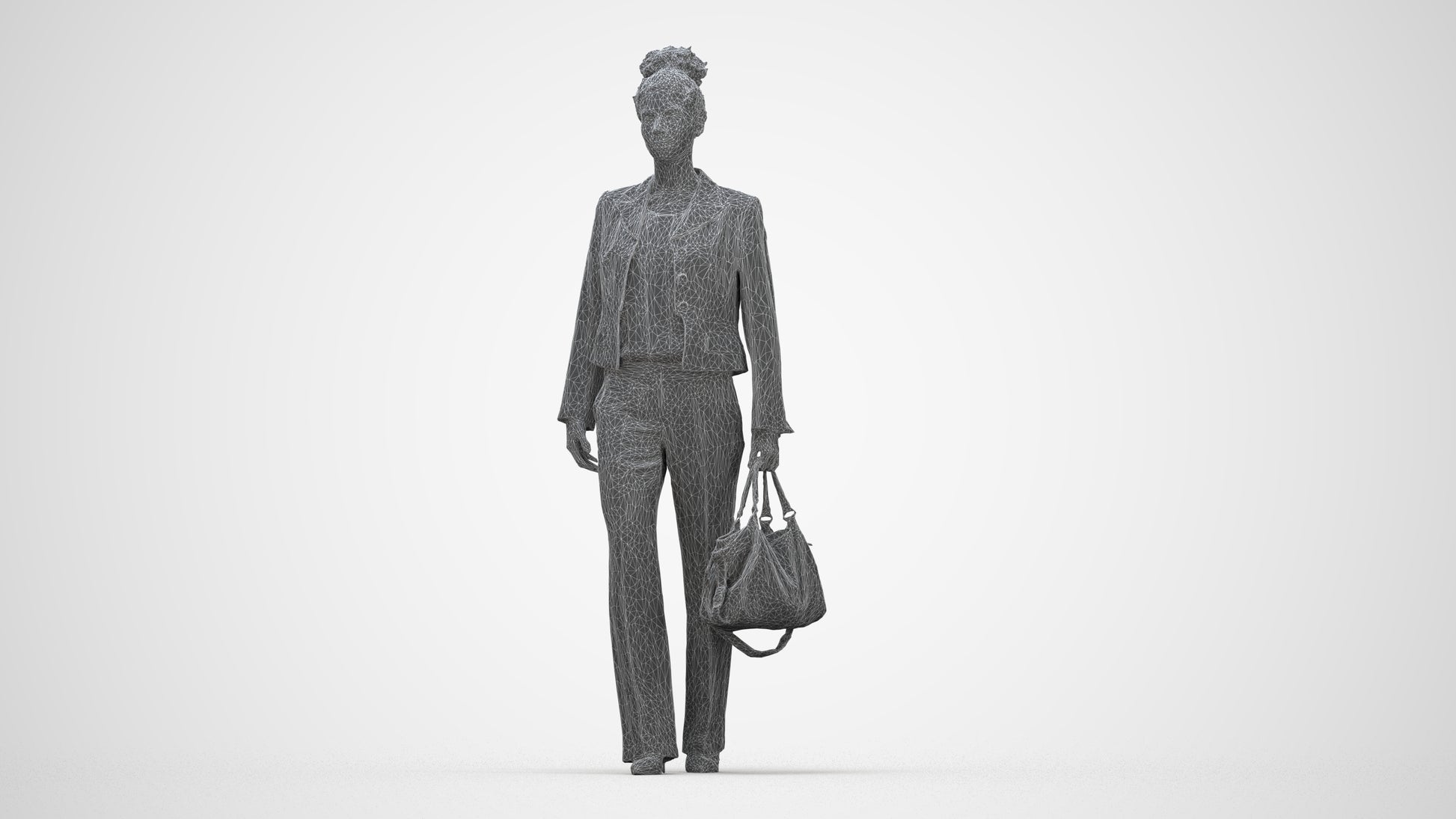 realistic 3D woman business walking, scanned archviz people for Blender and 3ds Max, wireframe back view