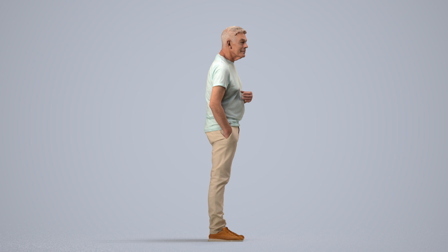 3D human model senior man casual standing, photogrammetry scanned person for archviz, side view render