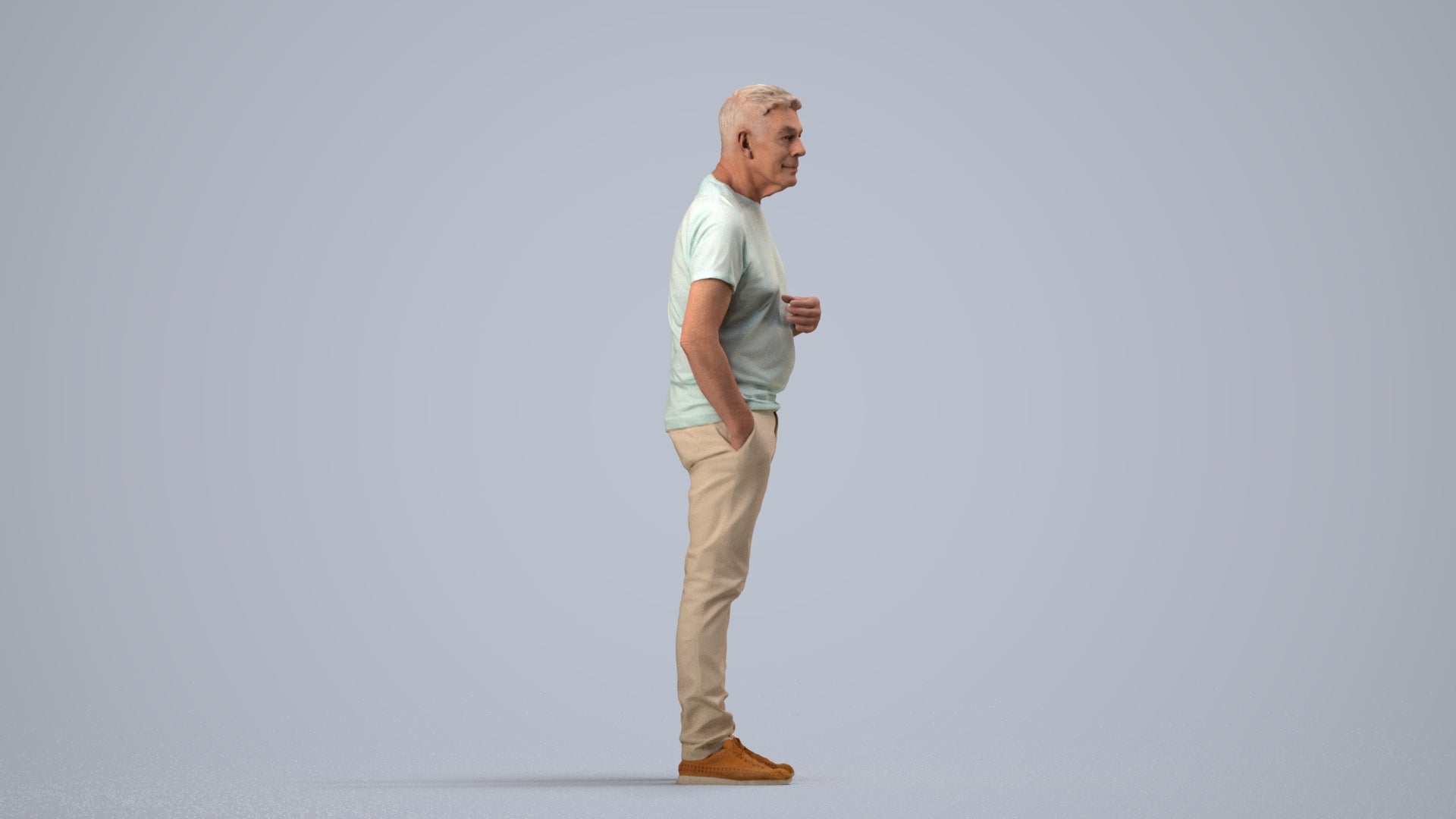 3D human model senior man casual standing, photogrammetry scanned person for archviz, side view render