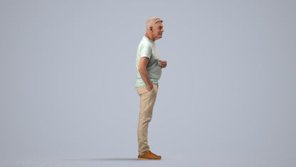 3D human model senior man casual standing, photogrammetry scanned person for archviz, side view render