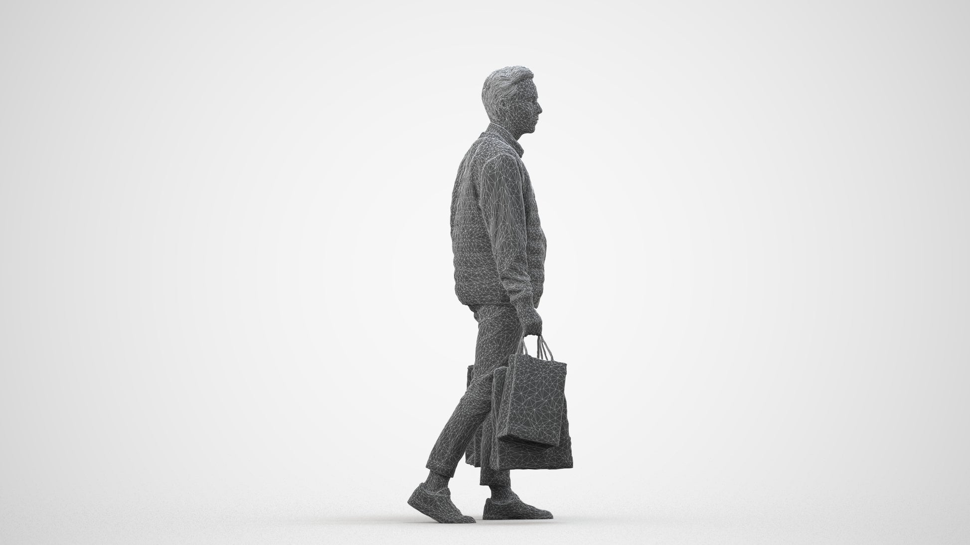 3D human model man casual formal, photogrammetry scanned person for archviz, wireframe side view