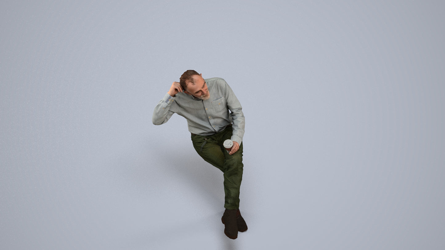 realistic 3D people senior man casual sitting, render-ready for V-Ray and Corona, FBX OBJ, back view render