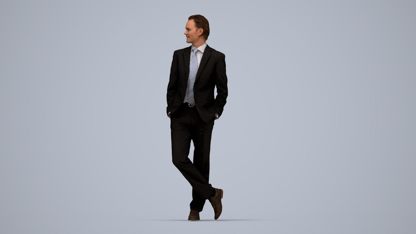 3D human model man business standing, photogrammetry scanned person for archviz, top-down view render