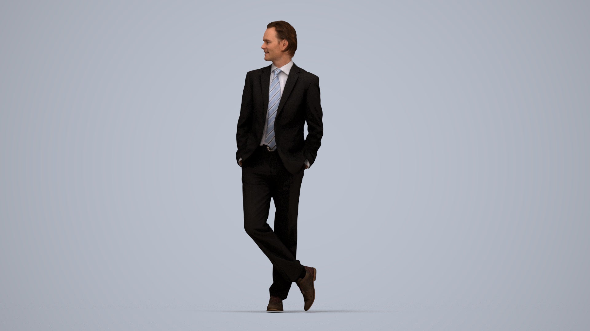 3D human model man business standing, photogrammetry scanned person for archviz, top-down view render