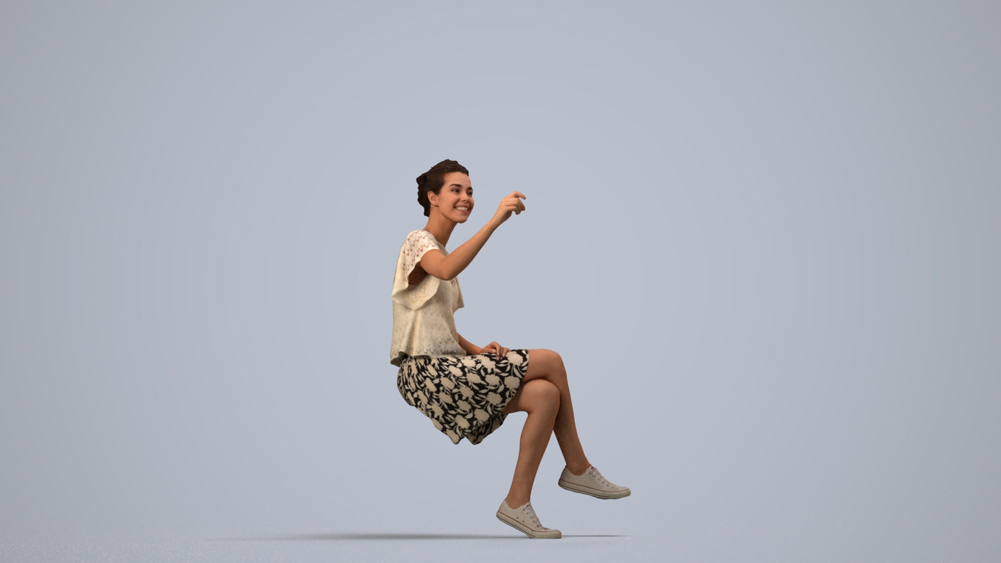 3D human model woman casual sitting, photogrammetry scanned person for archviz, side view render