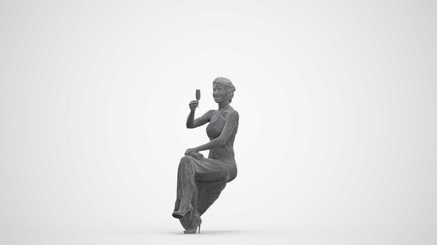 3D people model woman formal sitting, scanned human for 3ds Max rendering, three-quarter front view render