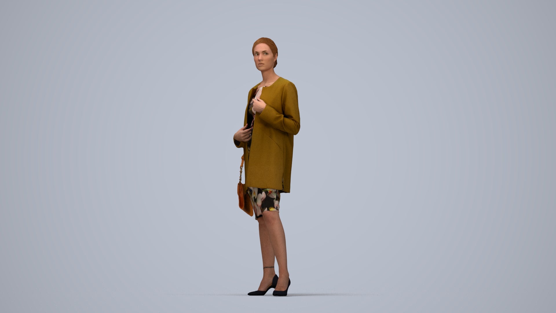 3D scanned woman standing casual, photorealistic archviz people for Enscape and SketchUp, top-down view render