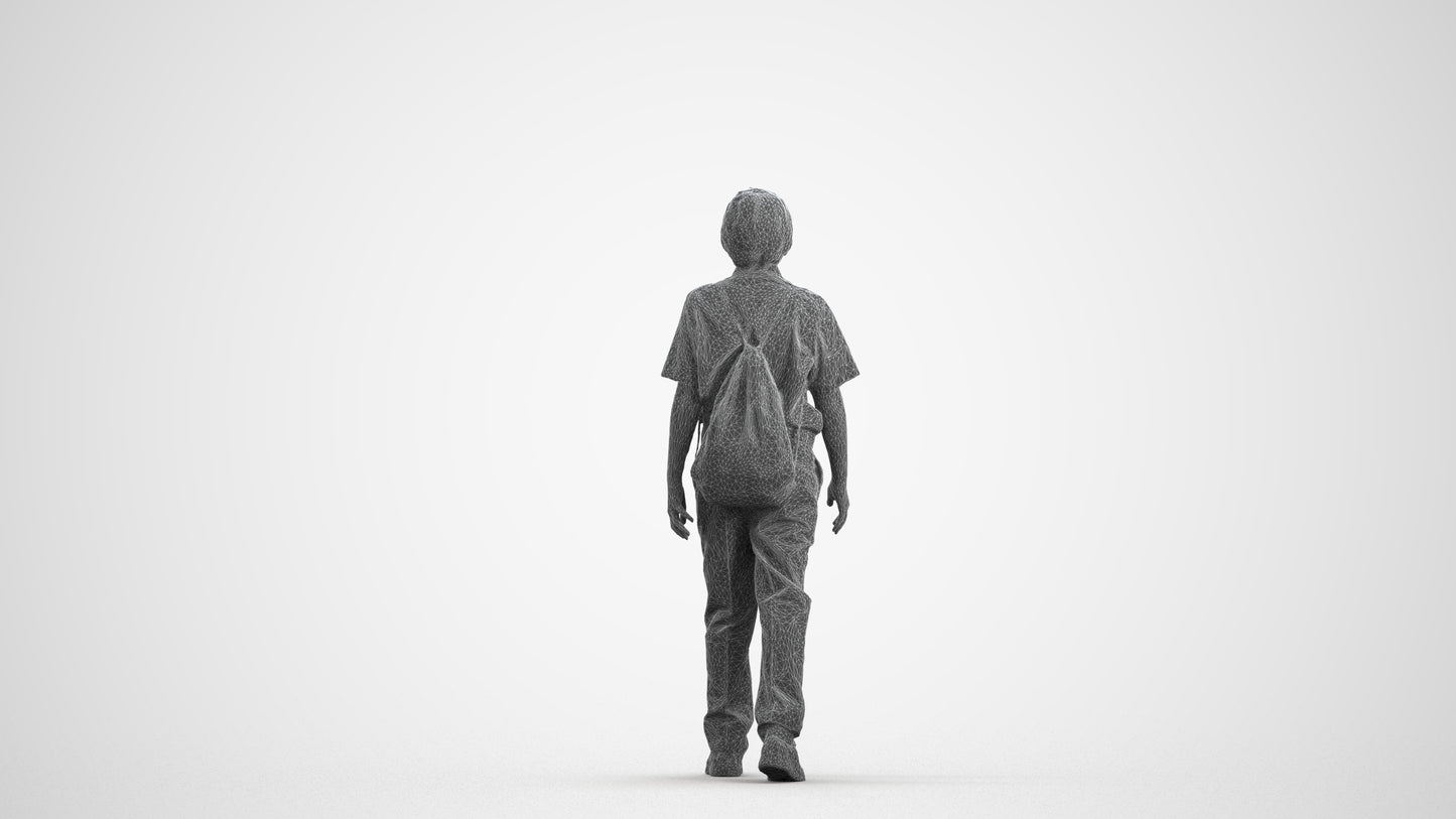 3D people model boy kids, scanned human for 3ds Max rendering, wireframe front view