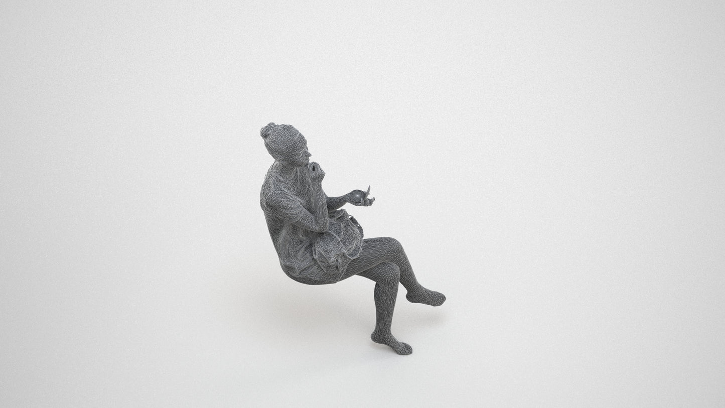 realistic 3D woman casual sitting, scanned archviz people for Blender and 3ds Max, wireframe three-quarter view