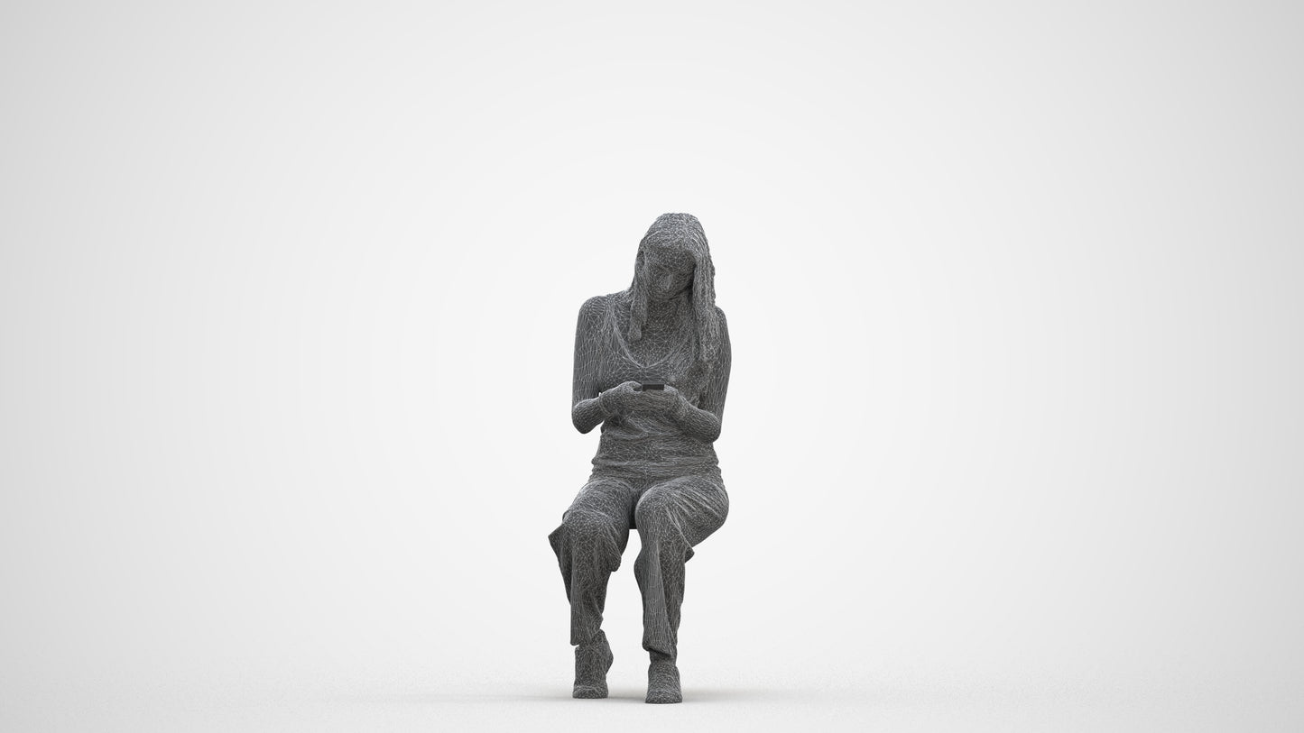 3D human model woman casual sitting, photogrammetry scanned person for archviz, three-quarter front view render