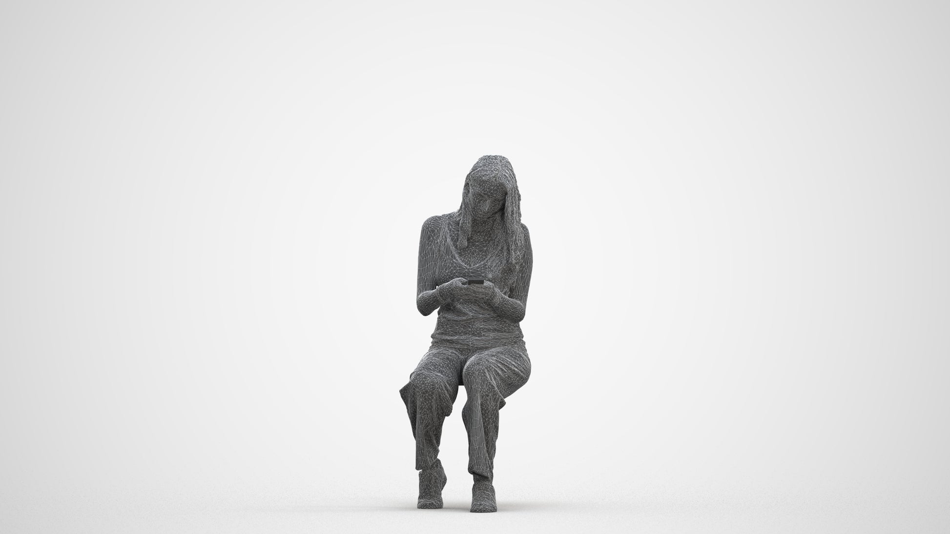 3D human model woman casual sitting, photogrammetry scanned person for archviz, three-quarter front view render