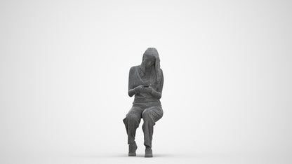 3D human model woman casual sitting, photogrammetry scanned person for archviz, three-quarter front view render