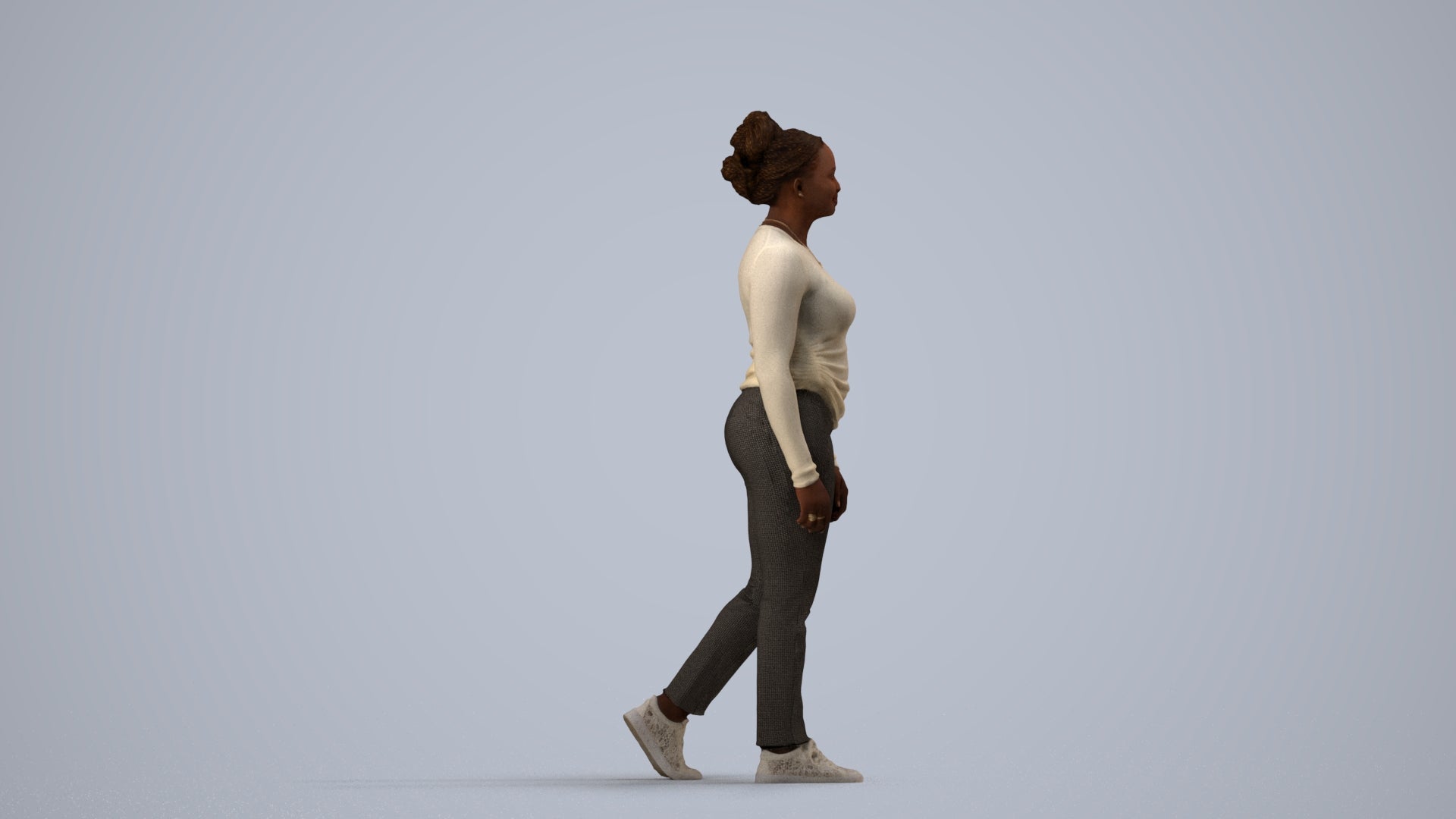 3D scanned woman walking casual, photorealistic archviz people for Enscape and SketchUp, side view render