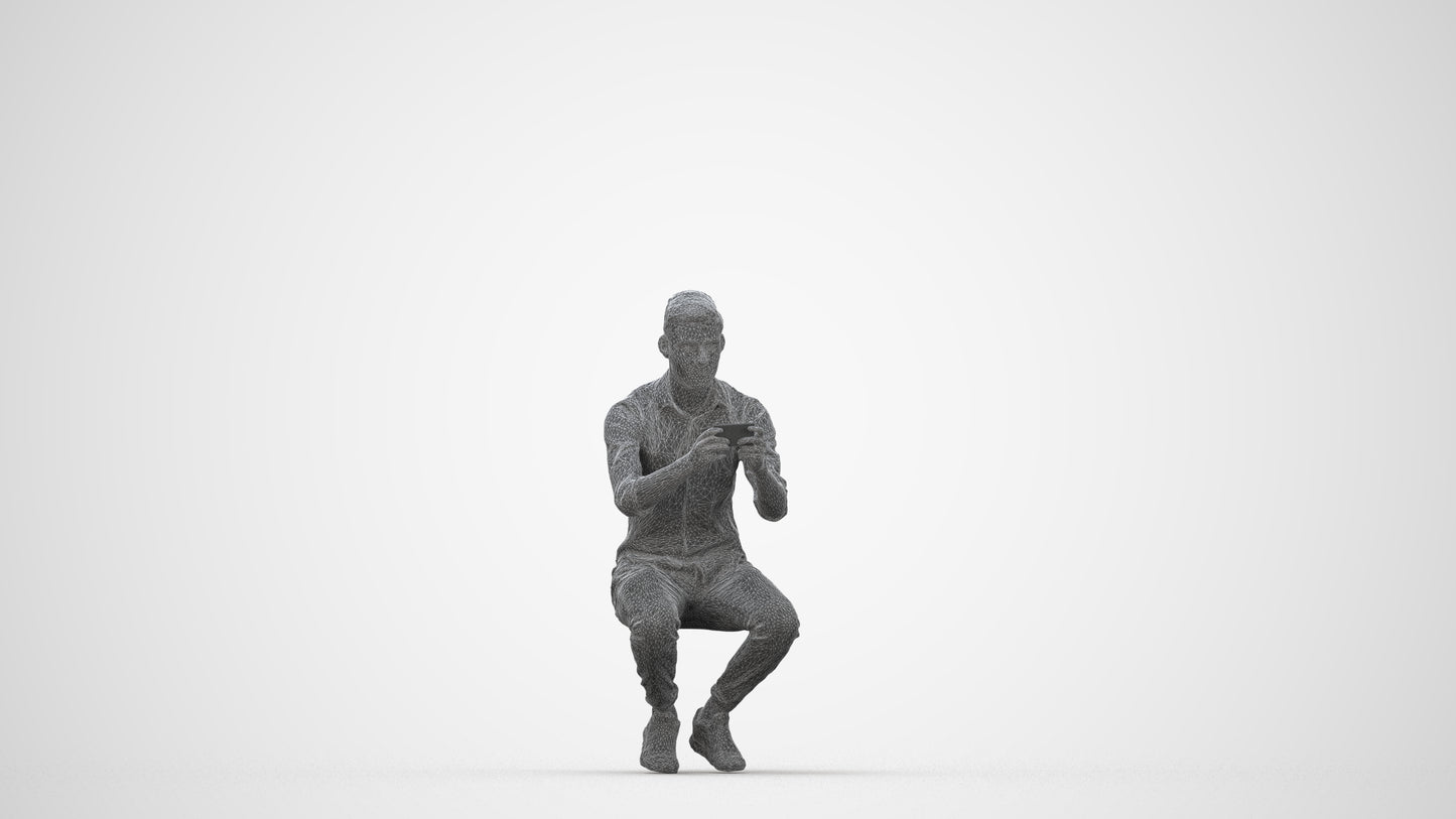 realistic 3D man casual sitting, scanned archviz people for Blender and 3ds Max, wireframe back view